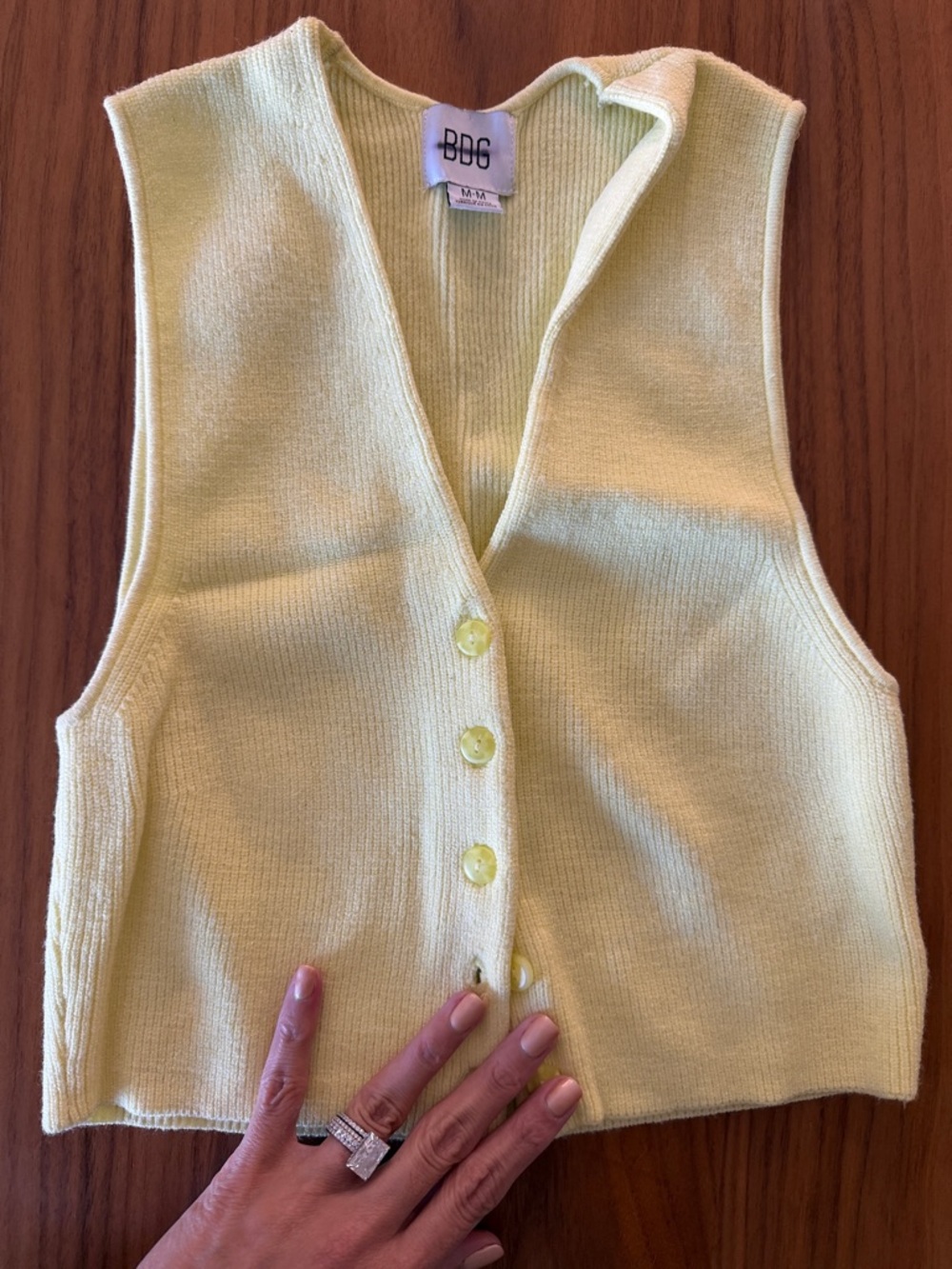 BDG Light Yellow Ribbed Knit Button Vest